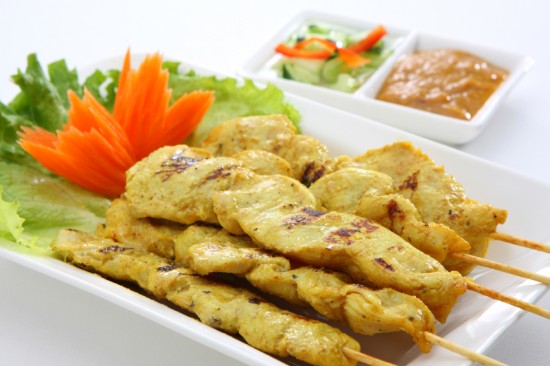 Chicken satay with peanut sauce and cucumber relish